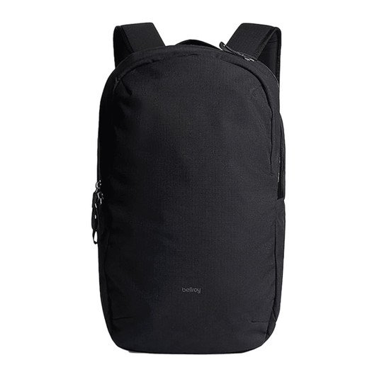 A black backpack with adjustable straps, featuring a logo and a sleek, minimalist design.