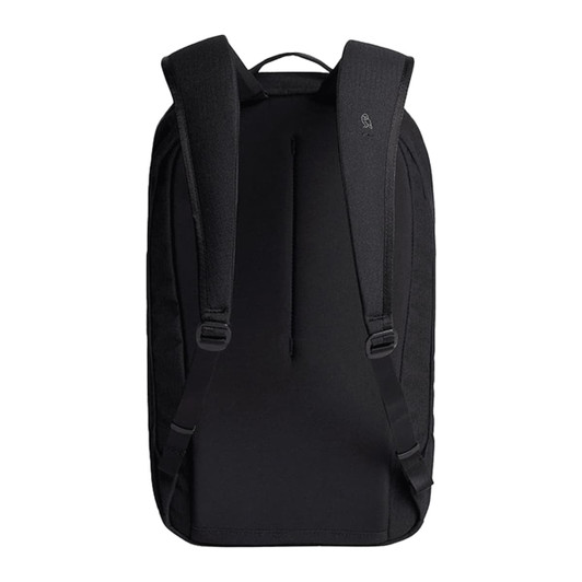 A black 20L backpack with padded shoulder straps and a sleek design, featuring a logo on the back.