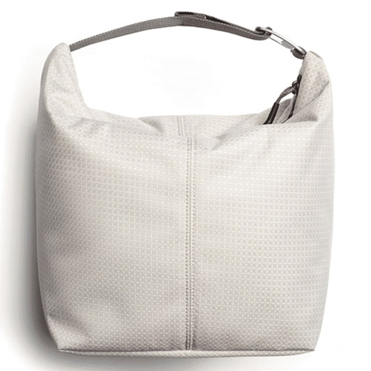 A light grey cooler bag with a handle, featuring a simple design and a logo on the side.