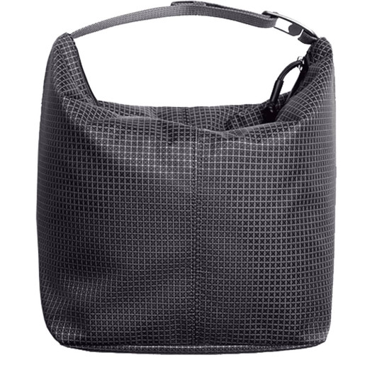 A black cooler bag with a geometric pattern, featuring a single handle and zip closure.