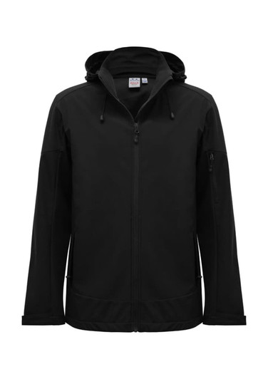 A black rain jacket with a hood, featuring a zip front and side pockets, showcasing a simple design and a logo.