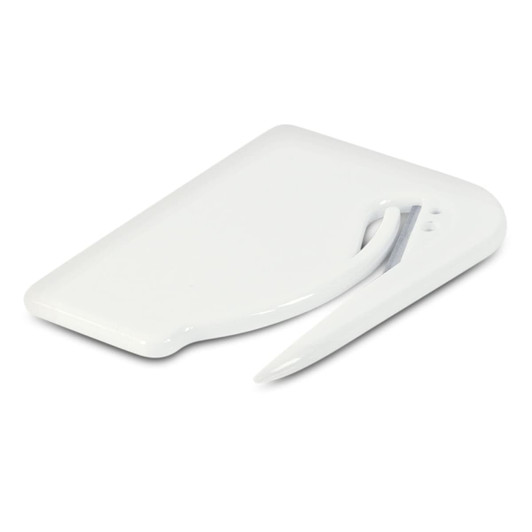 A white letter opener and satchel cutter with a sleek design and a curved blade for cutting envelopes.