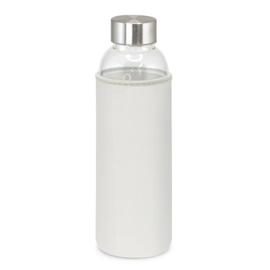 A drink bottle with a stainless steel lid and a light grey neoprene sleeve for insulation. It features a logo.
