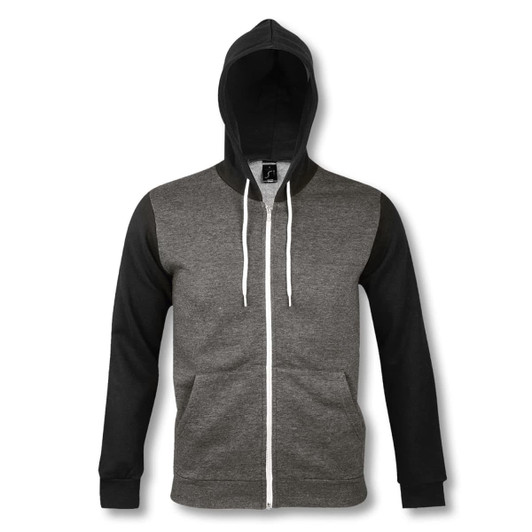 A zipped sweatshirt featuring a mix of grey and black colours with a hood and white drawstrings. It includes a logo.