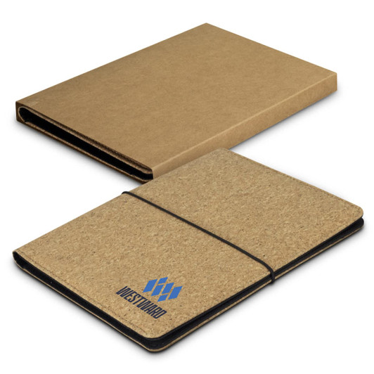 A cork portfolio in brown with a black elastic closure, featuring a logo on the front cover.