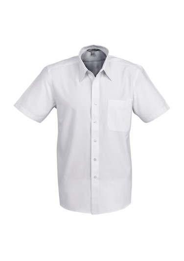 A white short sleeve button-up shirt with a chest pocket and a logo on the collar.