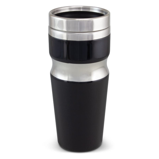 A drink bottle with a sleek black design and stainless steel accents, featuring a logo.
