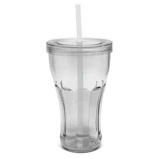A drink tumbler in clear plastic with a curved design and a white straw, featuring a logo on the side.