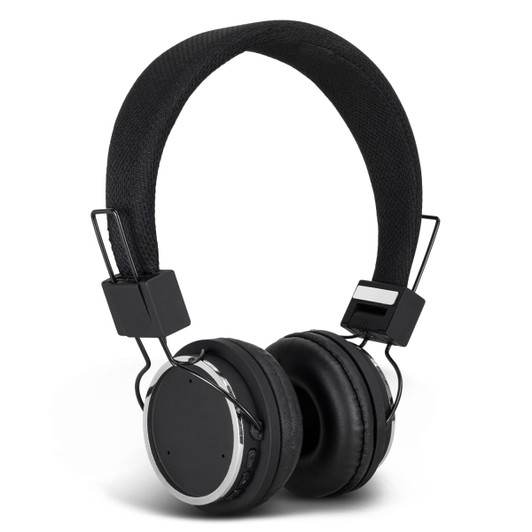 Stylish black Bluetooth headphones with soft ear cushions and a sleek adjustable headband. Features branding.