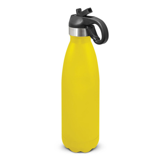 A drink bottle in bright yellow with a black flip lid and handle, featuring a silver band near the top.