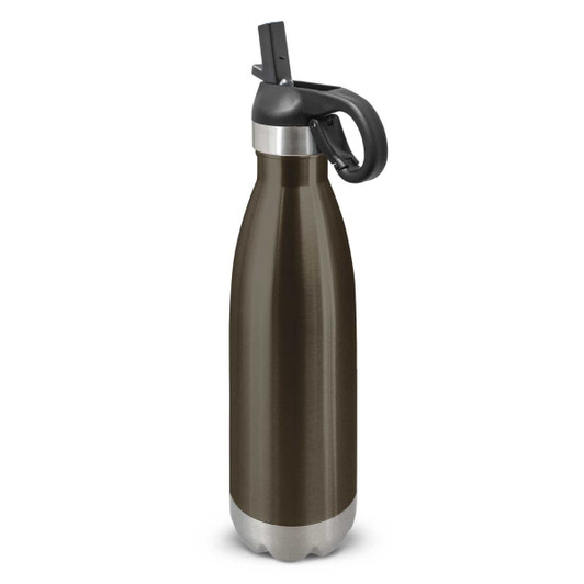A drink bottle in dark green with a flip lid and a silver base, featuring a black handle and a logo.