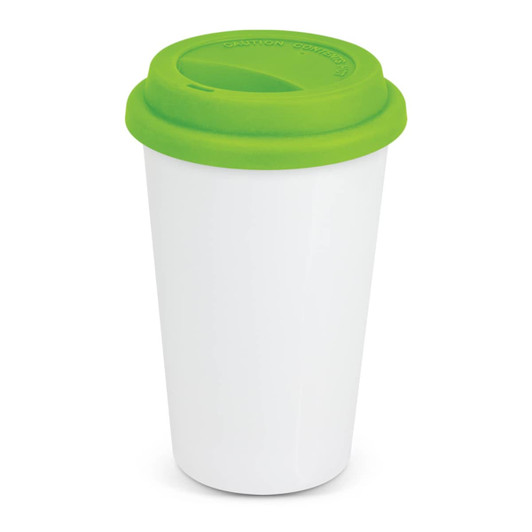 A double wall coffee cup in white with a green lid, featuring a logo on the side.