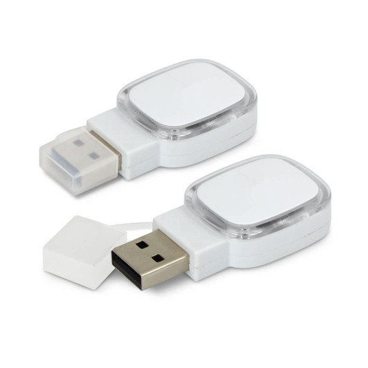 A white Zodiac 4GB flash drive with a clear casing and protective cap. It has a logo on the surface.