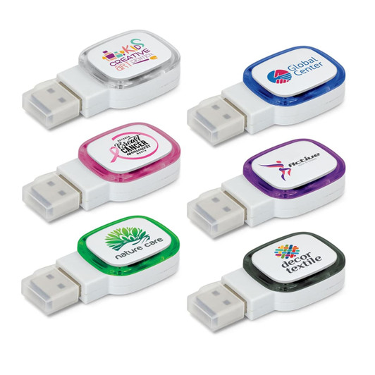 A collection of six colourful 4GB flash drives in various shapes with branding on each.