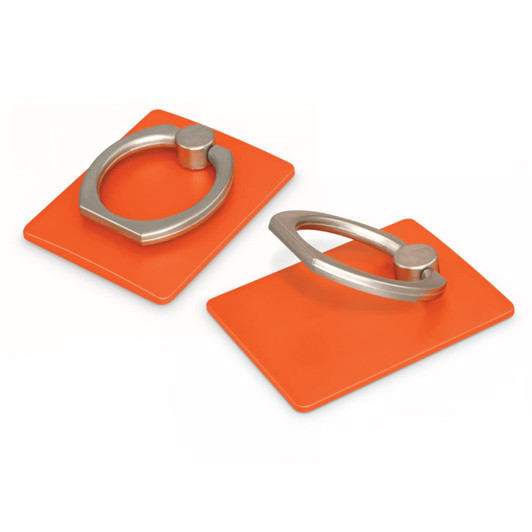 An orange phone grip with a silver metal ring attached, designed as a phone stand, featuring a logo.