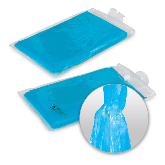 A blue emergency poncho packaged flat, with a close-up showing the poncho's design and materials. It has a logo.
