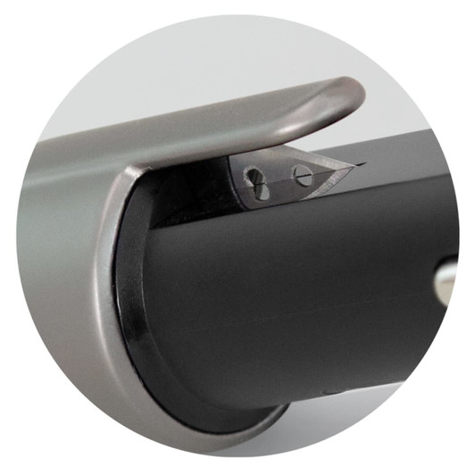 A close-up of a silver and black USB car charger featuring a sleek design and a built-in safety blade.