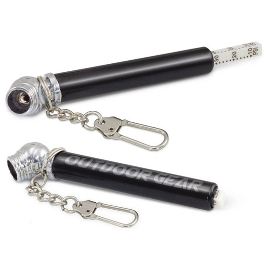 A black tyre pressure gauge key ring with a silver clip and measuring scale, featuring a branded logo.