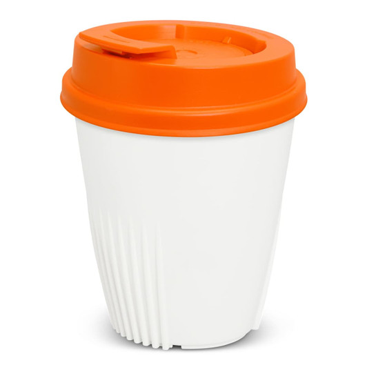 A drink bottle designed like a coffee cup, featuring a white body and an orange lid. It has a ridged surface and a logo.
