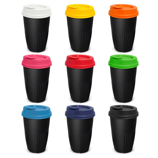 A drink bottle collection featuring black cups with various coloured lids: white, orange, pink, red, green, blue, and navy.