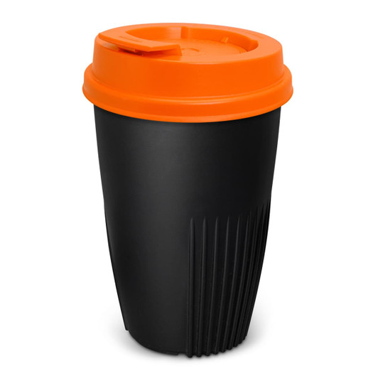 A drink bottle with a black body and an orange lid, featuring a ribbed design and a logo.