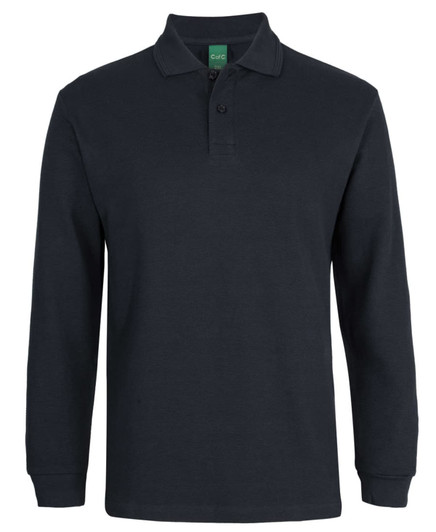 A dark navy long-sleeve polo shirt with a collar and a logo on the chest.