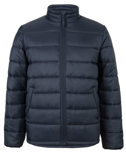 A dark blue puffer jacket with a front zip and a high collar, featuring a logo on one side.