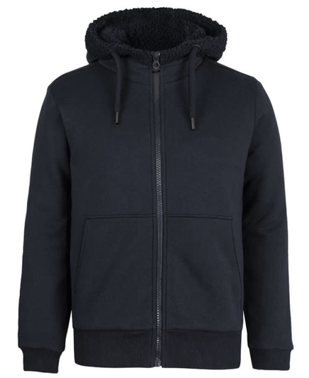 A navy blue full zip hoodie featuring a sherpa-lined hood and front pockets. The hoodie has a branding logo.