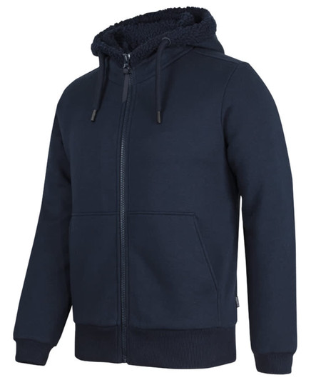 A navy blue full zip hoodie with a soft-lined hood and front pockets, featuring a logo.