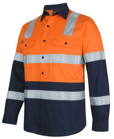 A long-sleeved work shirt in orange and navy blue with reflective strips and two front pockets. It has a logo.