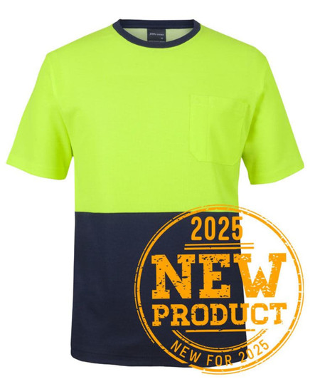 A bright yellow and navy t-shirt featuring a pocket and a logo.