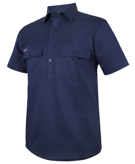 A navy short-sleeve work shirt with a close front, featuring two chest pockets and a logo.