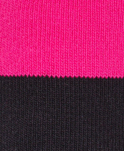 A pair of ultra thick work socks in black and pink, featuring a striped design.