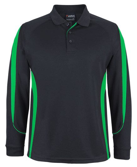 A black long-sleeve polo shirt featuring green side panels and a collar, with a logo on the chest.