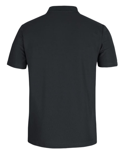 A black recycled polyester polo shirt with short sleeves and a collared neck, featuring a logo on the back.