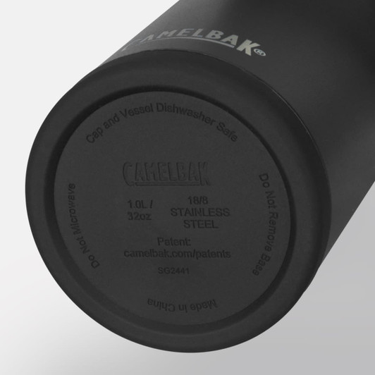 A drink bottle in matte black with a stainless steel bottom, featuring a logo on its underside.