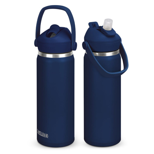 A drink bottle in navy blue with a flip straw, vacuum insulation, and a handle. Features a logo on the bottle.