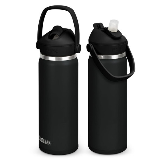 A drink bottle with a sleek black finish, featuring a flip straw and a carry handle, with a logo on the side.