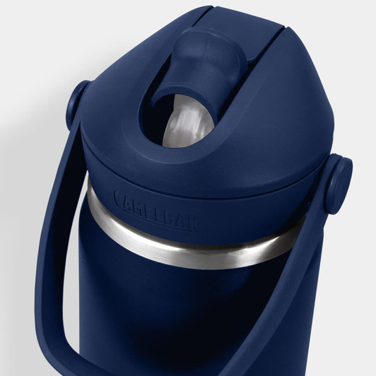 A drink bottle featuring a navy blue exterior, flip straw, and a silver band. It has a branding logo on it.