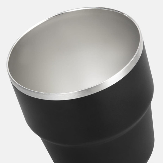 A stackable drinkware cup in matte black with a shiny silver rim, part of a set of two.