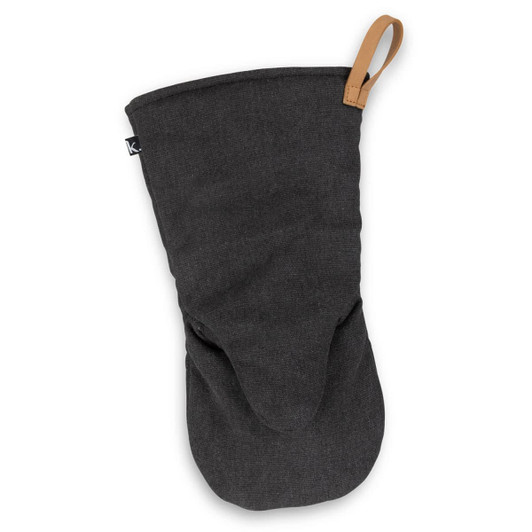 A dark grey canvas oven mitt with a leather loop for hanging and a logo on the side.