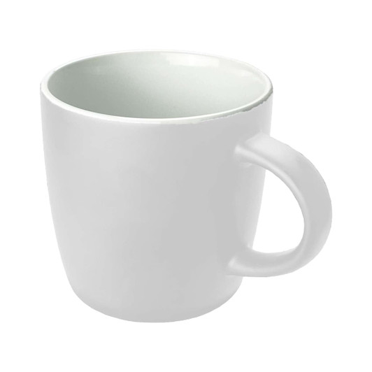 A white coffee mug with a smooth surface and a comfortable handle, featuring a blank interior.