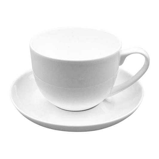 A white tea cup with a matching saucer, featuring a simple, elegant design. The set has no visible branding.