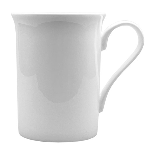 A white coffee mug with a sleek design and a curved handle. It features a smooth, glossy finish.