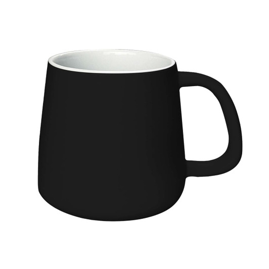 A black coffee mug with a matte finish and a contrasting white interior, featuring a curved handle.