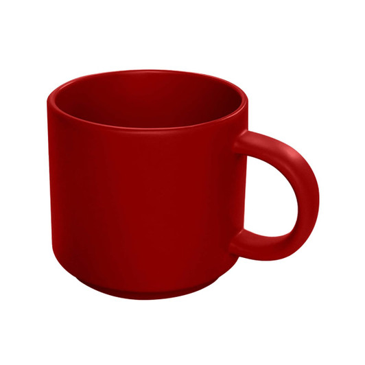 A red ceramic mug with a smooth finish and a sturdy handle. It features a simple, modern design.