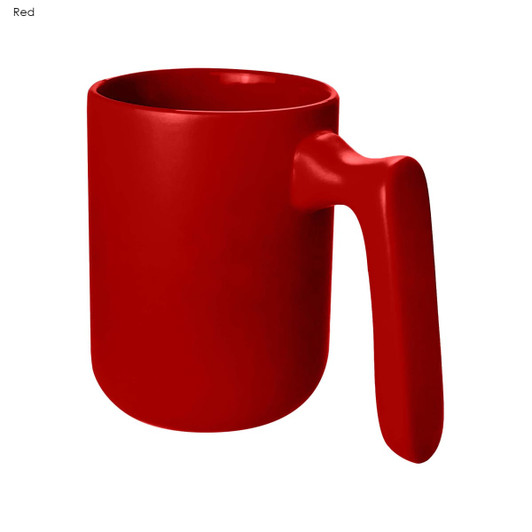 A red coffee mug with a modern design and a unique handle. It includes a logo on the surface.