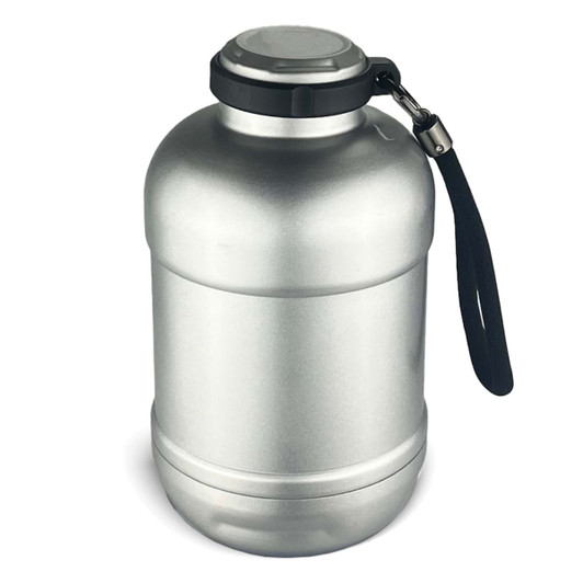 A drink bottle in silver, featuring a screw-top lid, a carrying handle, and a sleek, metallic design.