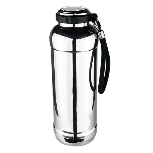 A drink bottle in shiny stainless steel with a black lid and strap, featuring a logo.