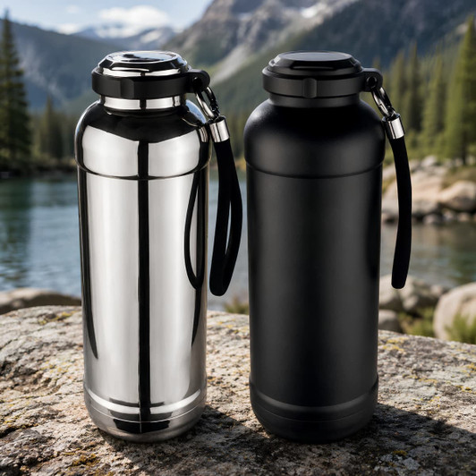 A drink bottle set featuring a shiny silver and a matte black design, both with a carrying strap and lid.